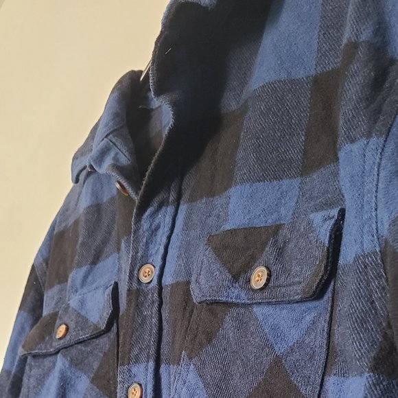 Black and blue plaid button down thick flannel shirt/jacket - Picture 2 of 3